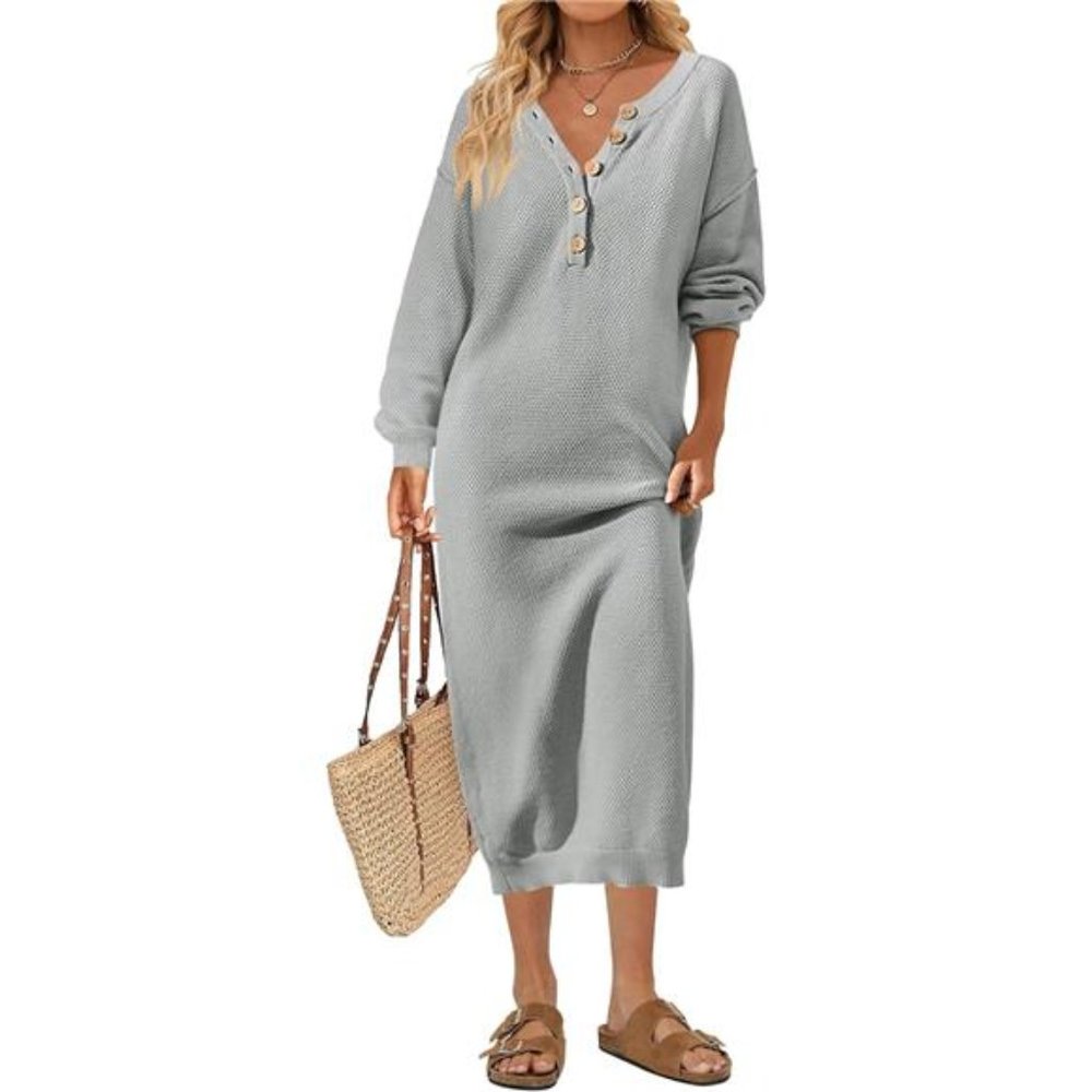 Women's 2023 Long Sleeve Button V Neck Sweater Dress Casual Fall Loose Knit Maxi